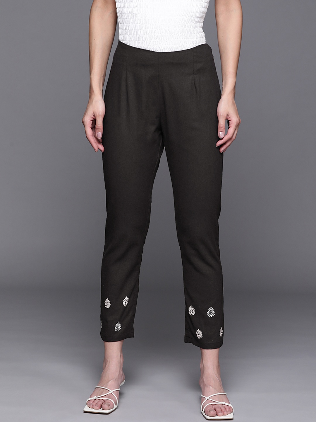 

PINKSKY Women Black Embroidered Smart Slim Fit Trousers