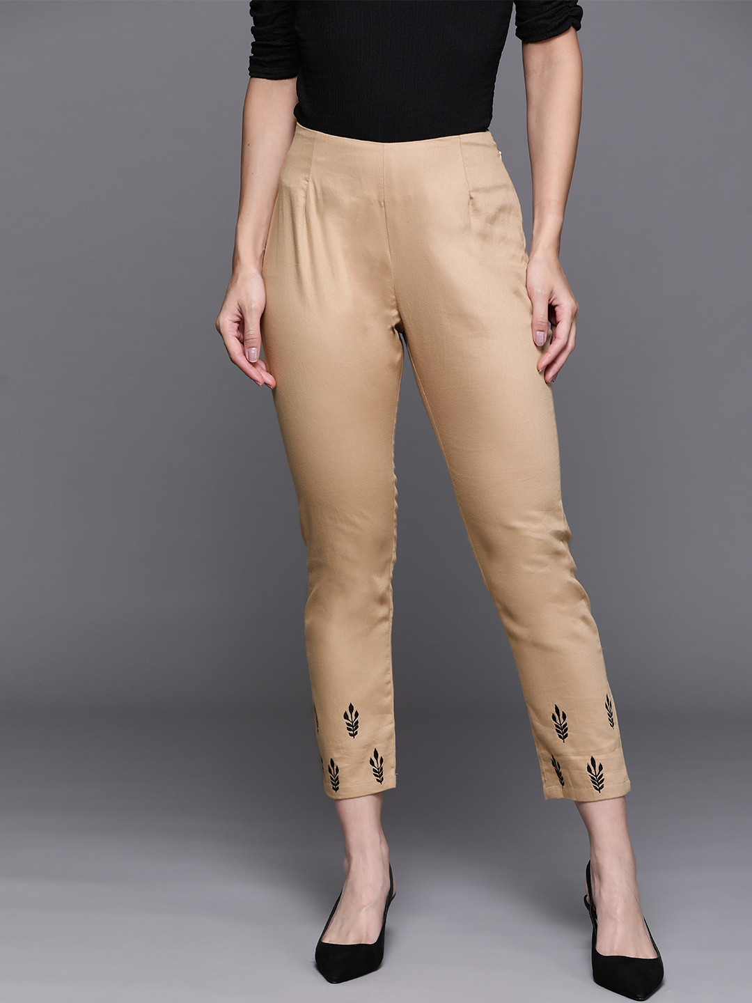 

PINKSKY Women Beige Embroidered Smart Slim Fit Trousers