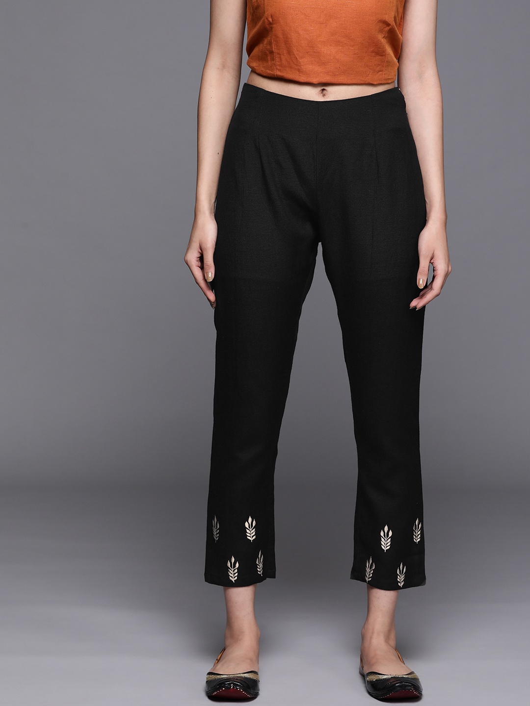 

PINKSKY Women Black Embroidered Smart Slim Fit Trousers