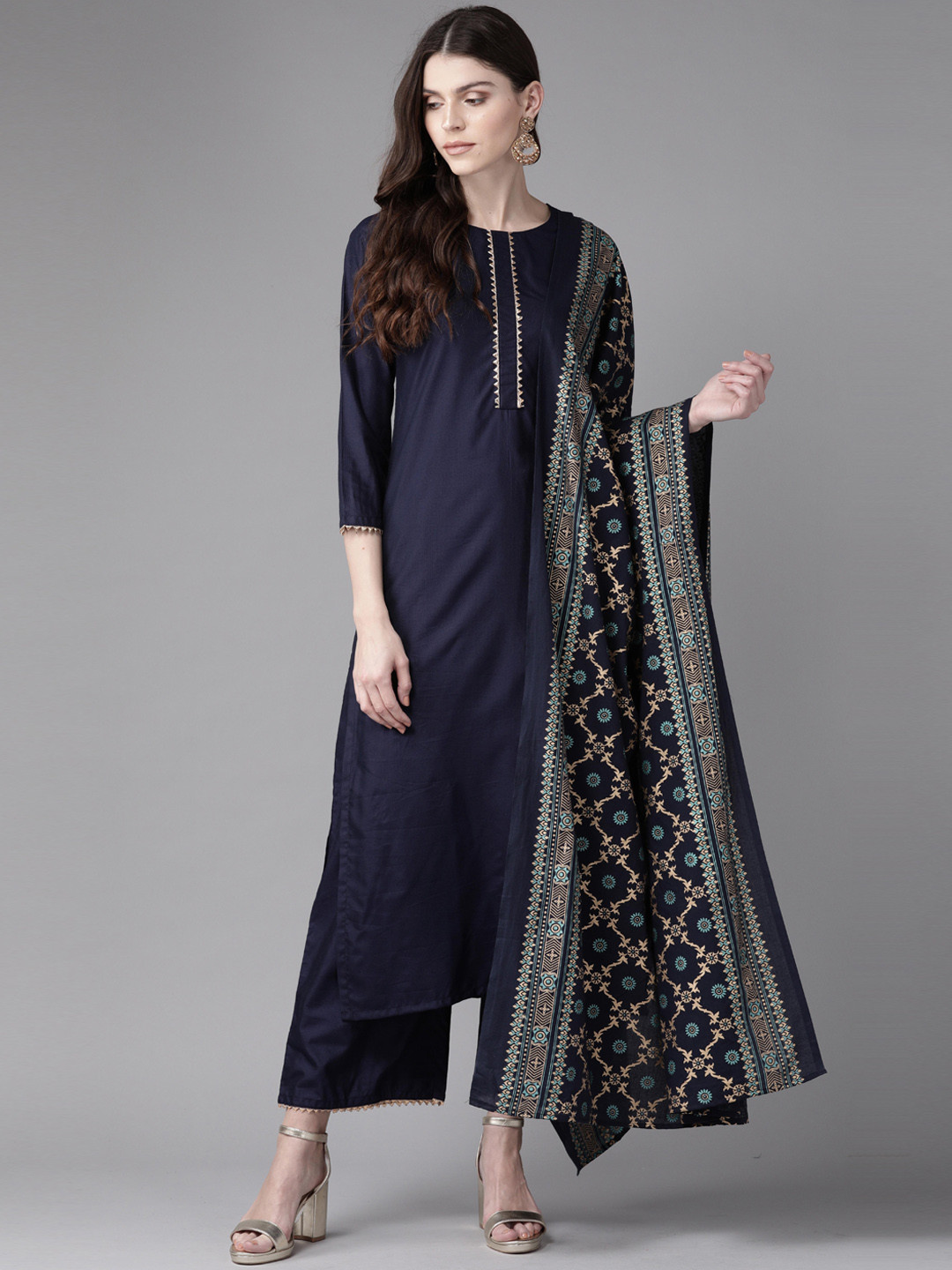 

Indo Era Women Navy Blue Ethnic Motifs Striped Regular Gotta Patti Kurta with Palazzos & With Dupatta