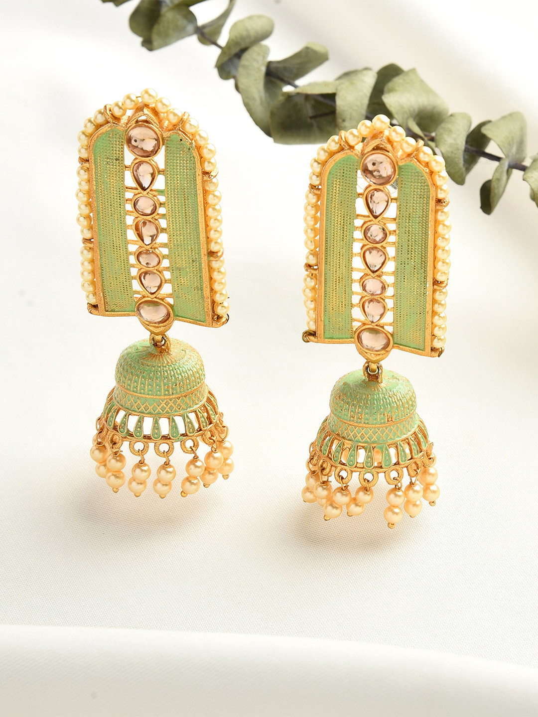 

Zaveri Pearls Green Contemporary Jhumkas Earrings