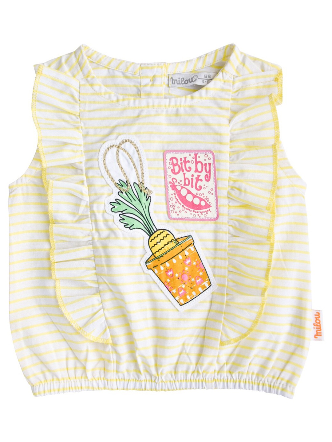 

milou White & Yellow Striped Ruffles Pure Cotton Regular Top