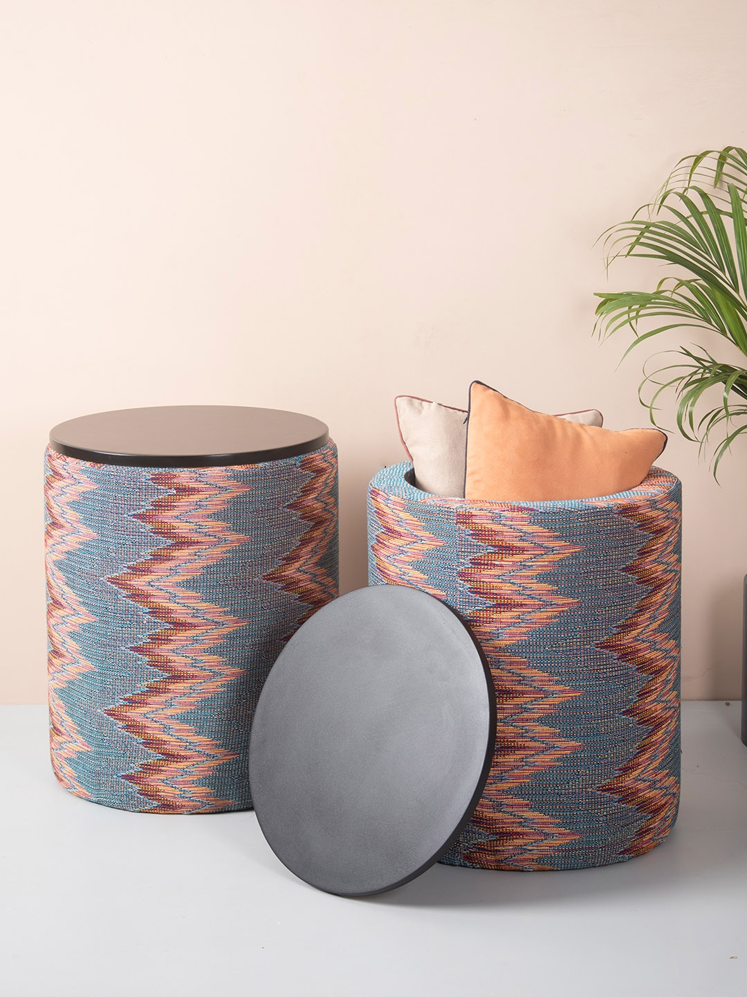 

nestroots Green& Black 2 Pieces Cylinder Shape Multi Storage Ottomans