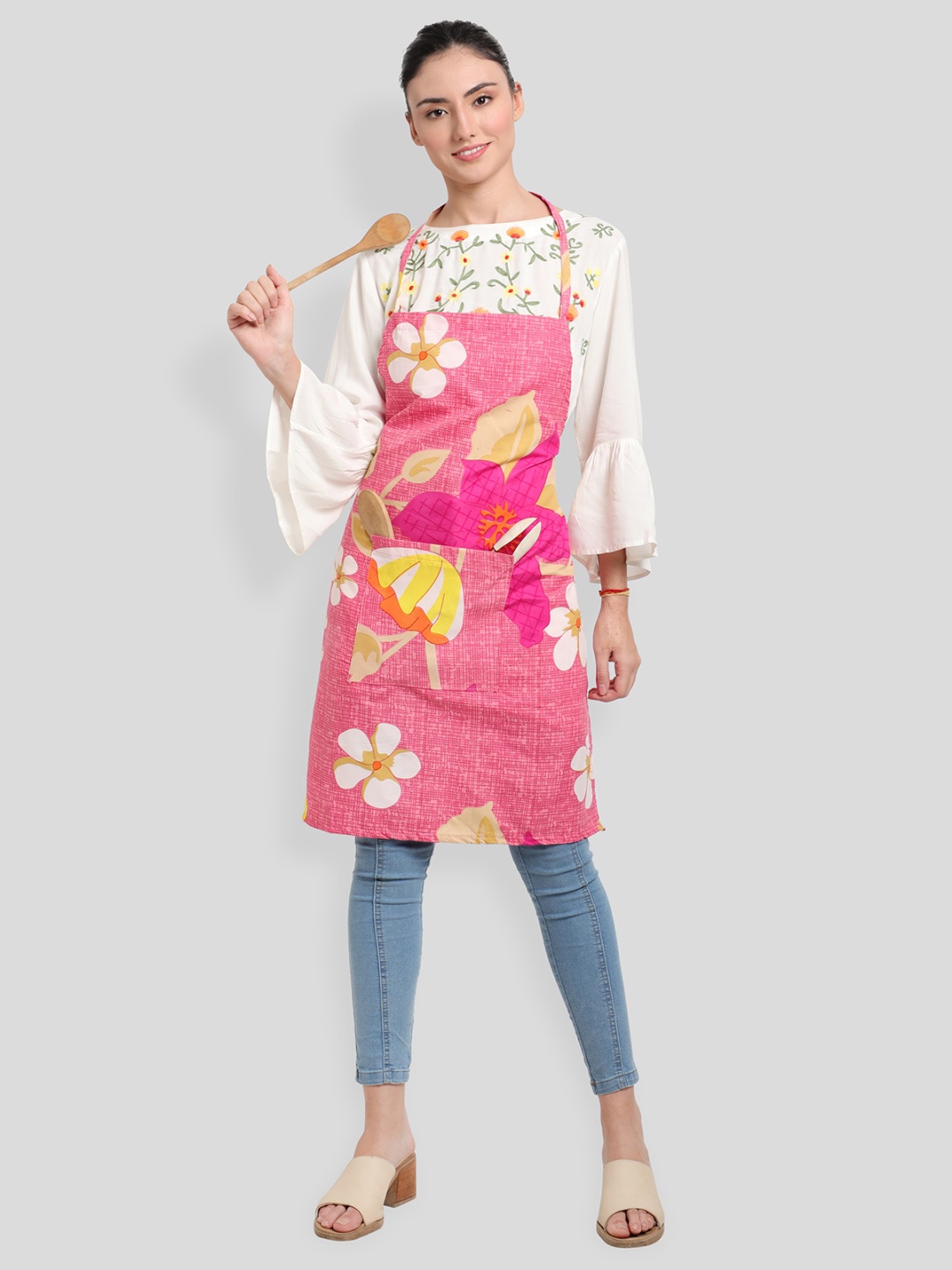 

ROMEE Pink Printed Cotton Kitchen Apron With Napkin