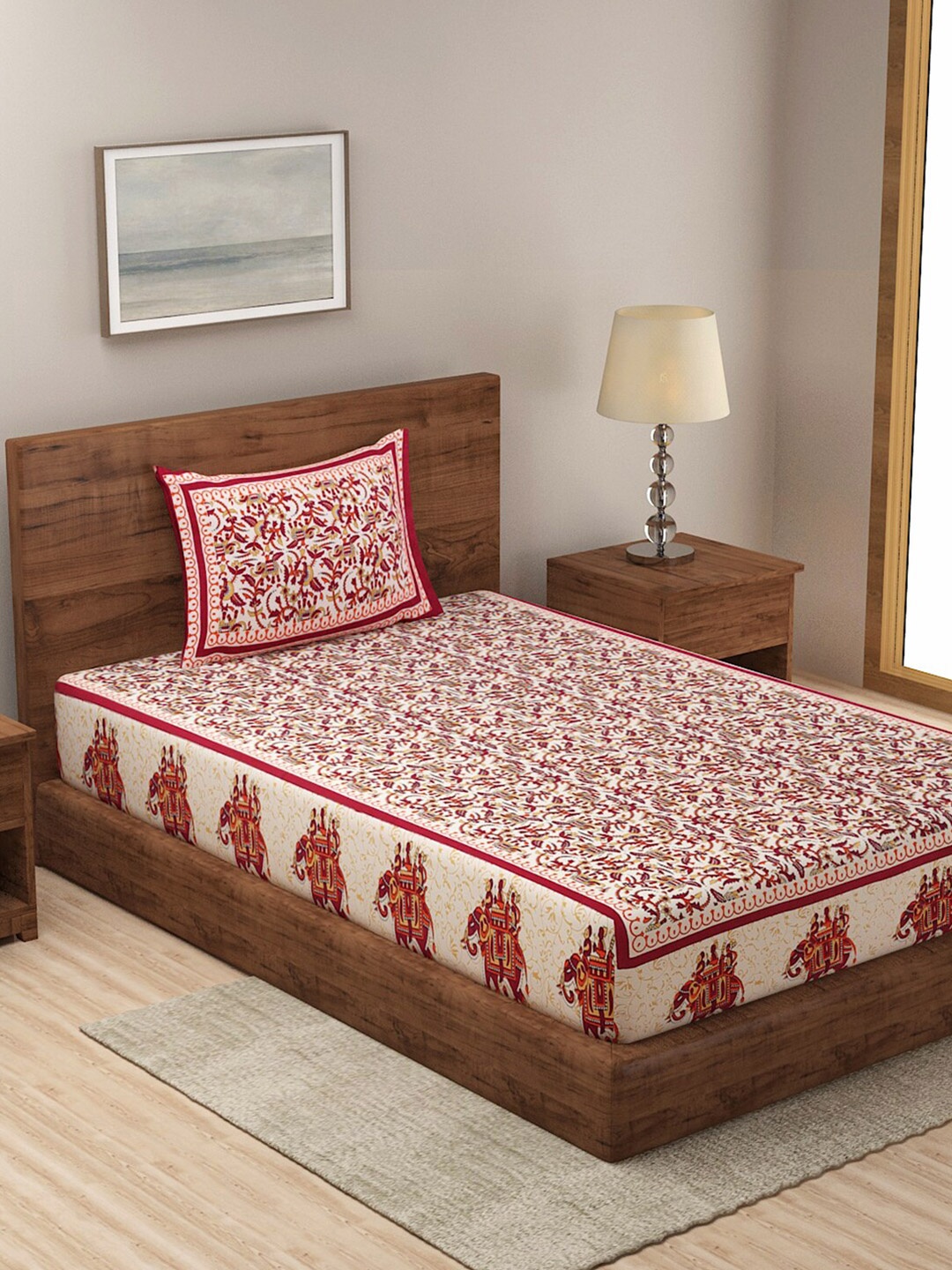 

Rajasthan Decor Beige & Magenta Floral Pure Cotton 120 TC Single Bedsheet & 1 Pillow Cover
