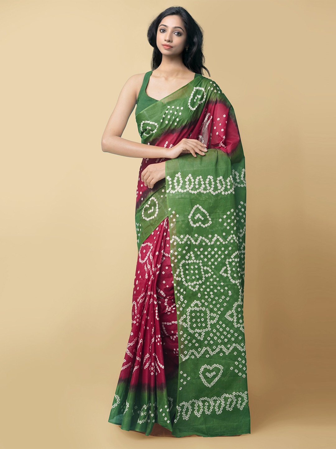 

Unnati Silks Maroon & Green Bandhani Pure Cotton Bandhani Saree