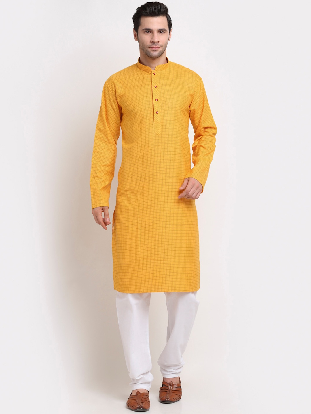 

KRAFT INDIA Men Mustard Yellow Checked Dobby Pure Cotton Kurta