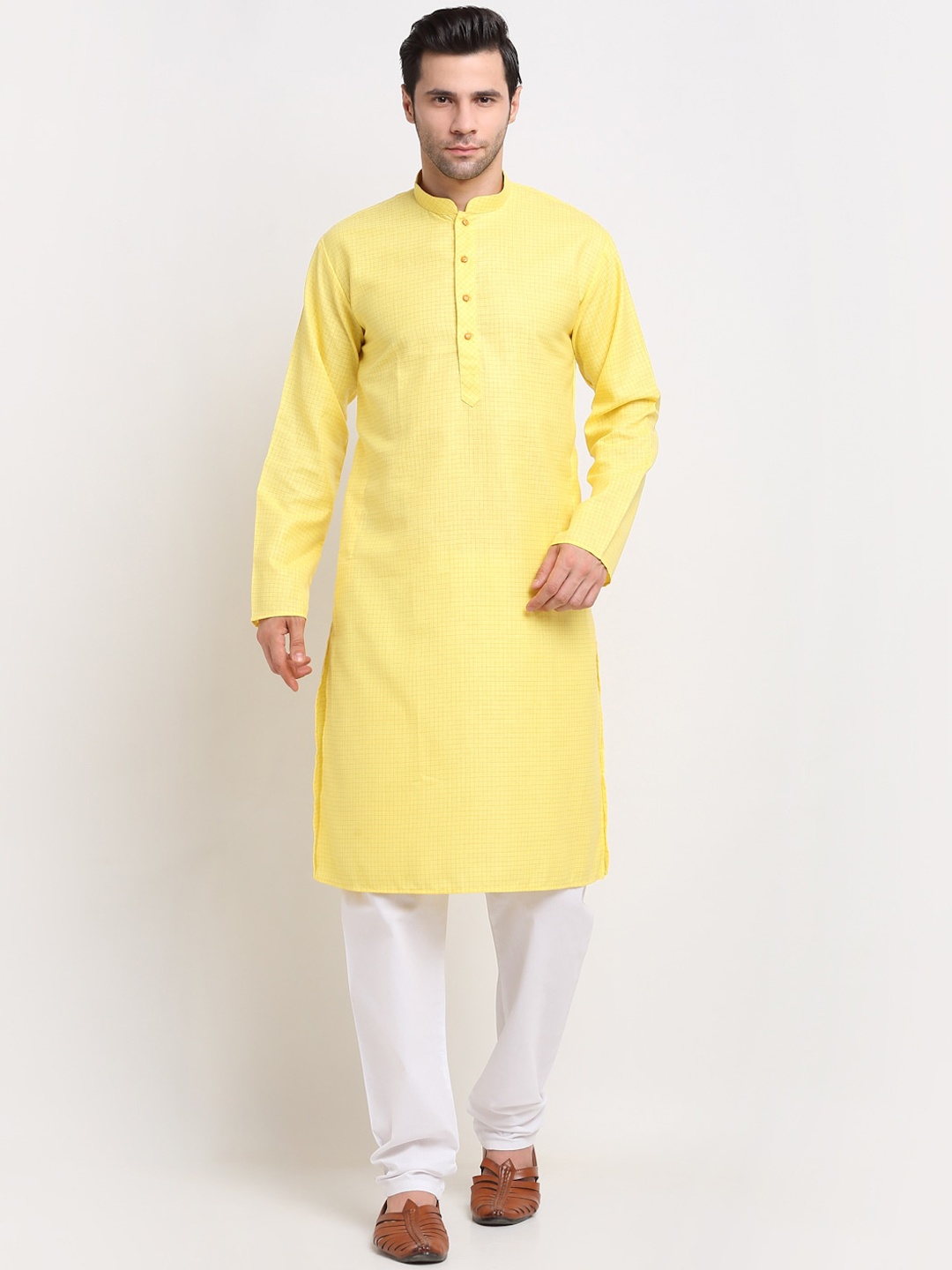 

KRAFT INDIA Men Yellow Checked Cotton Kurta