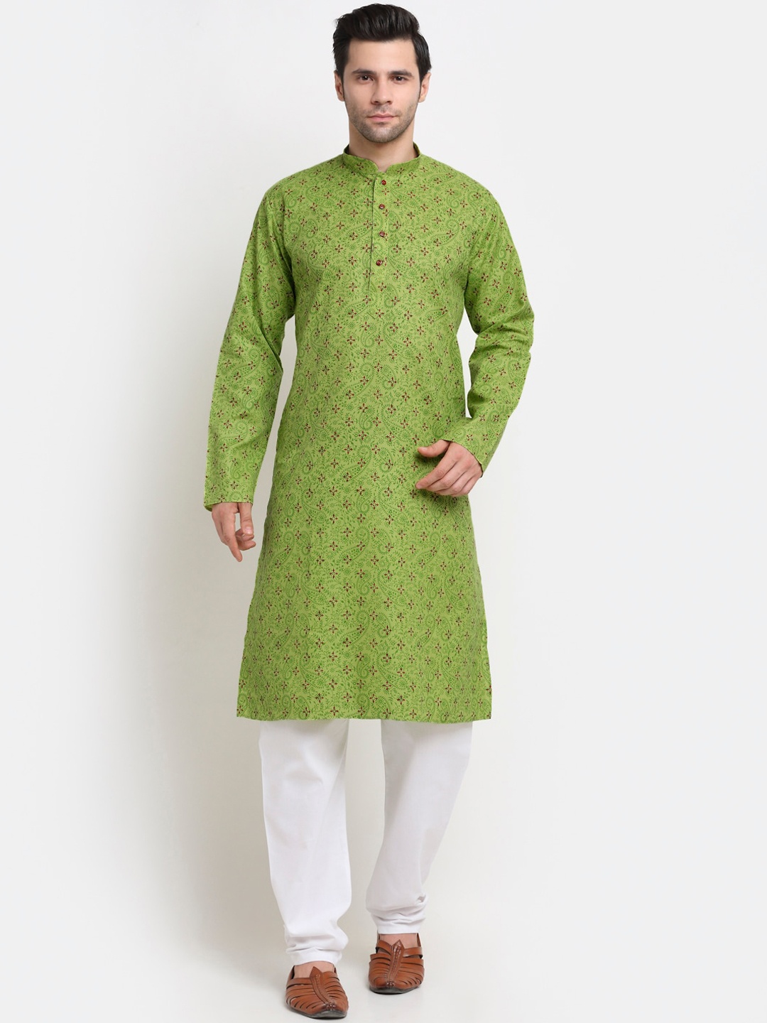 

KRAFT INDIA Men Green & Pink Paisley Printed Dobby Pure Cotton Kurta