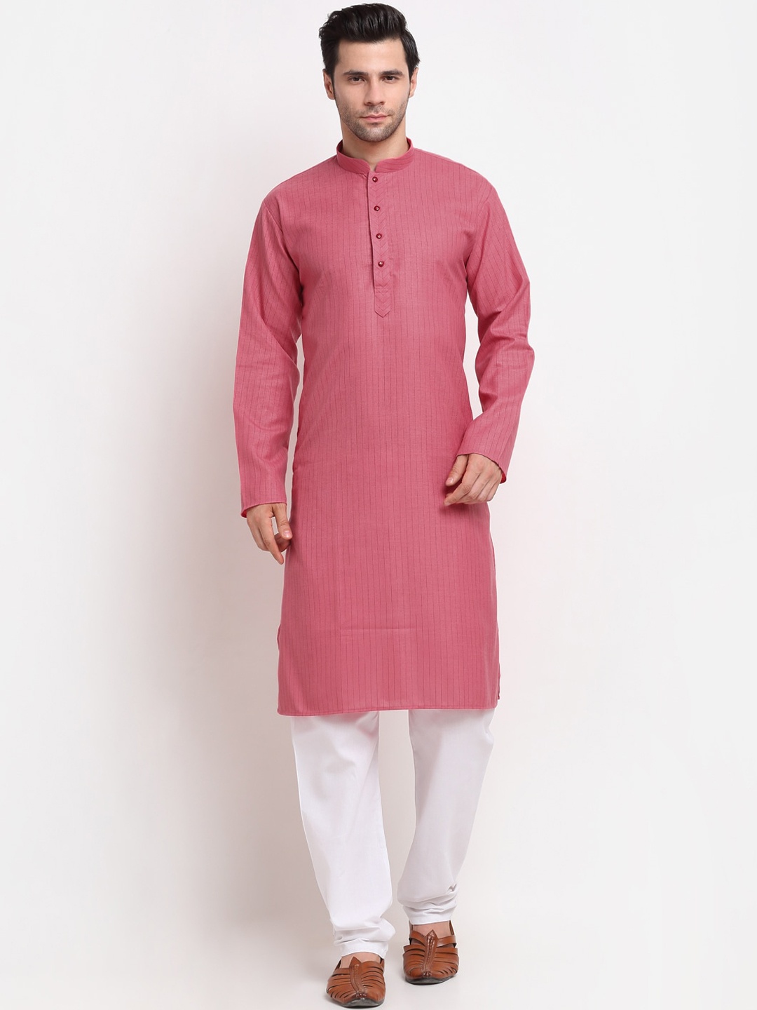 

KRAFT INDIA Men Pink Striped Pure Cotton Straight Kurta