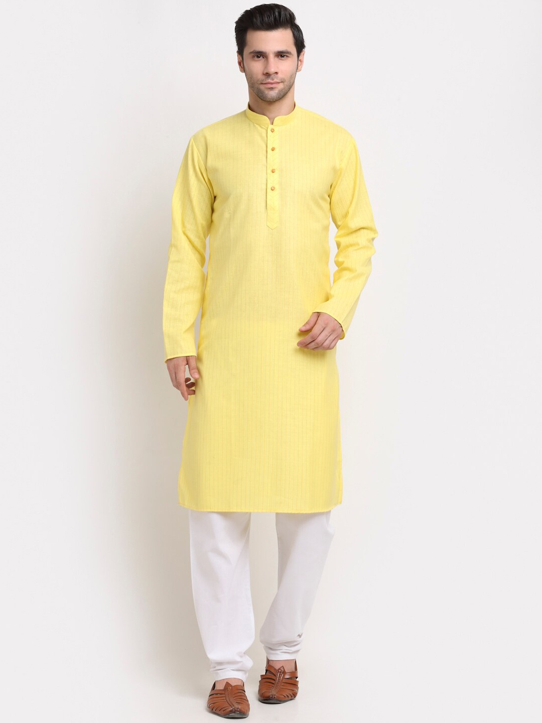 

KRAFT INDIA Men Yellow Striped Cotton Kurta