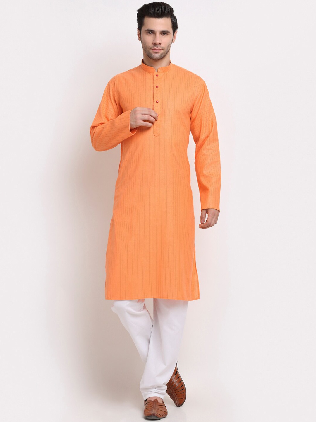 

KRAFT INDIA Men Orange Striped Cotton Kurta