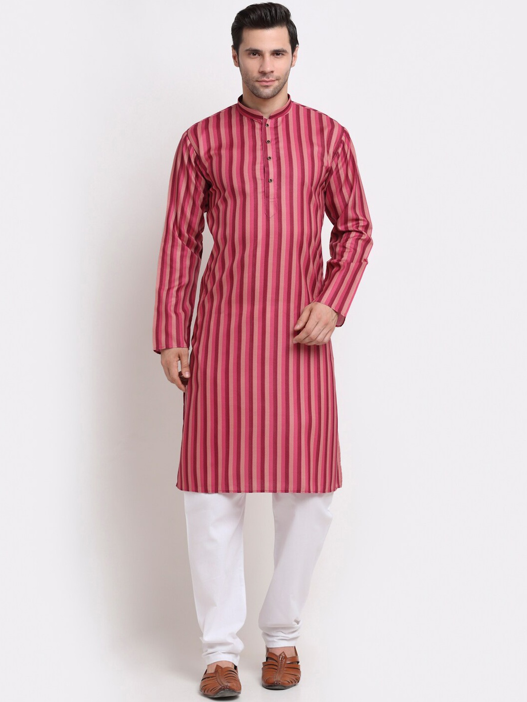 

KRAFT INDIA Men Pink Striped Thread Work Kurta