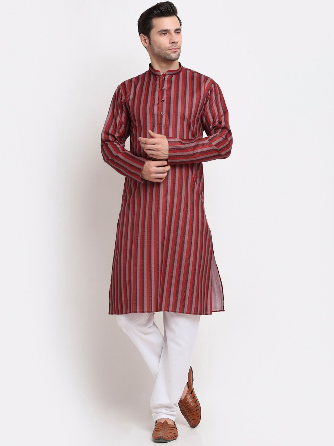 

KRAFT INDIA Men Red Striped Cotton Kurta