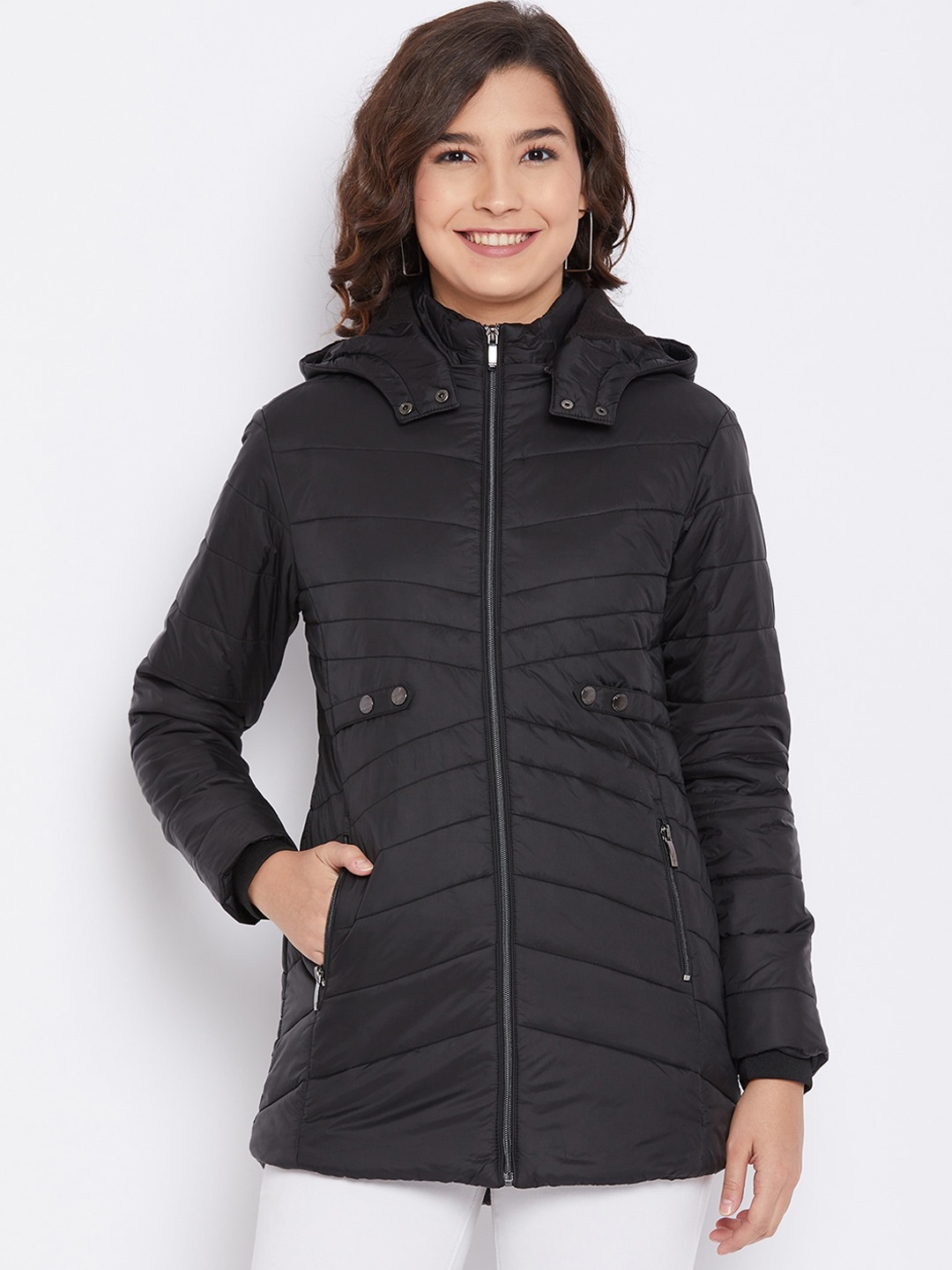 

Octave Women Black Longline Quilted Hooded Jacket