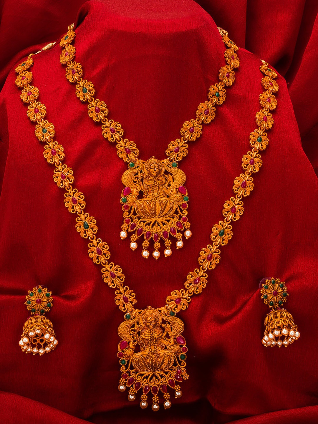 

aadita Gold-Plated Pink & Green Stone-Studded & Pearl Beaded Temple Jewellery Set
