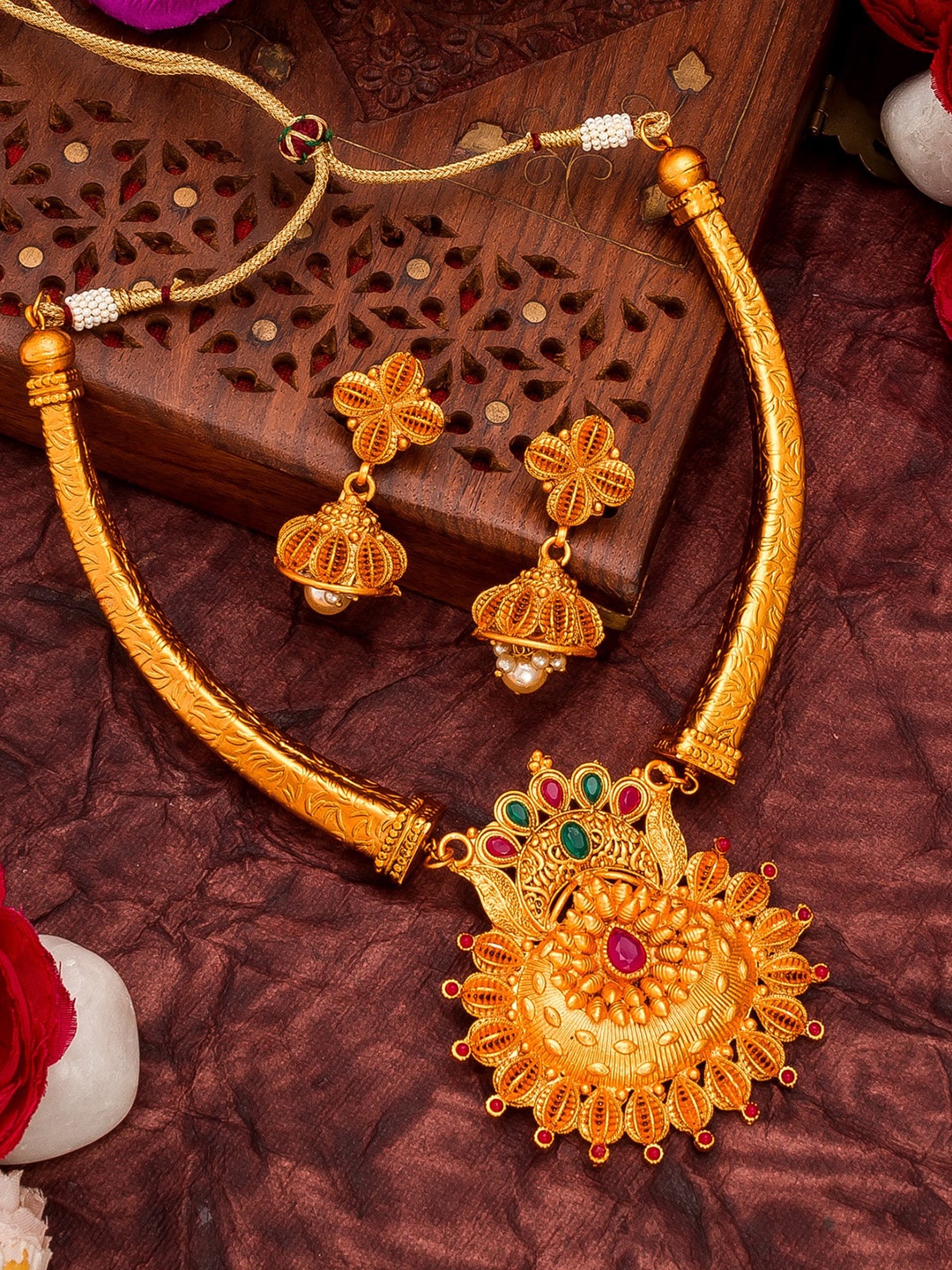 

aadita Gold-Plated Red & Green Stone-Studded Pearls Beaded Temple Jewellery Set