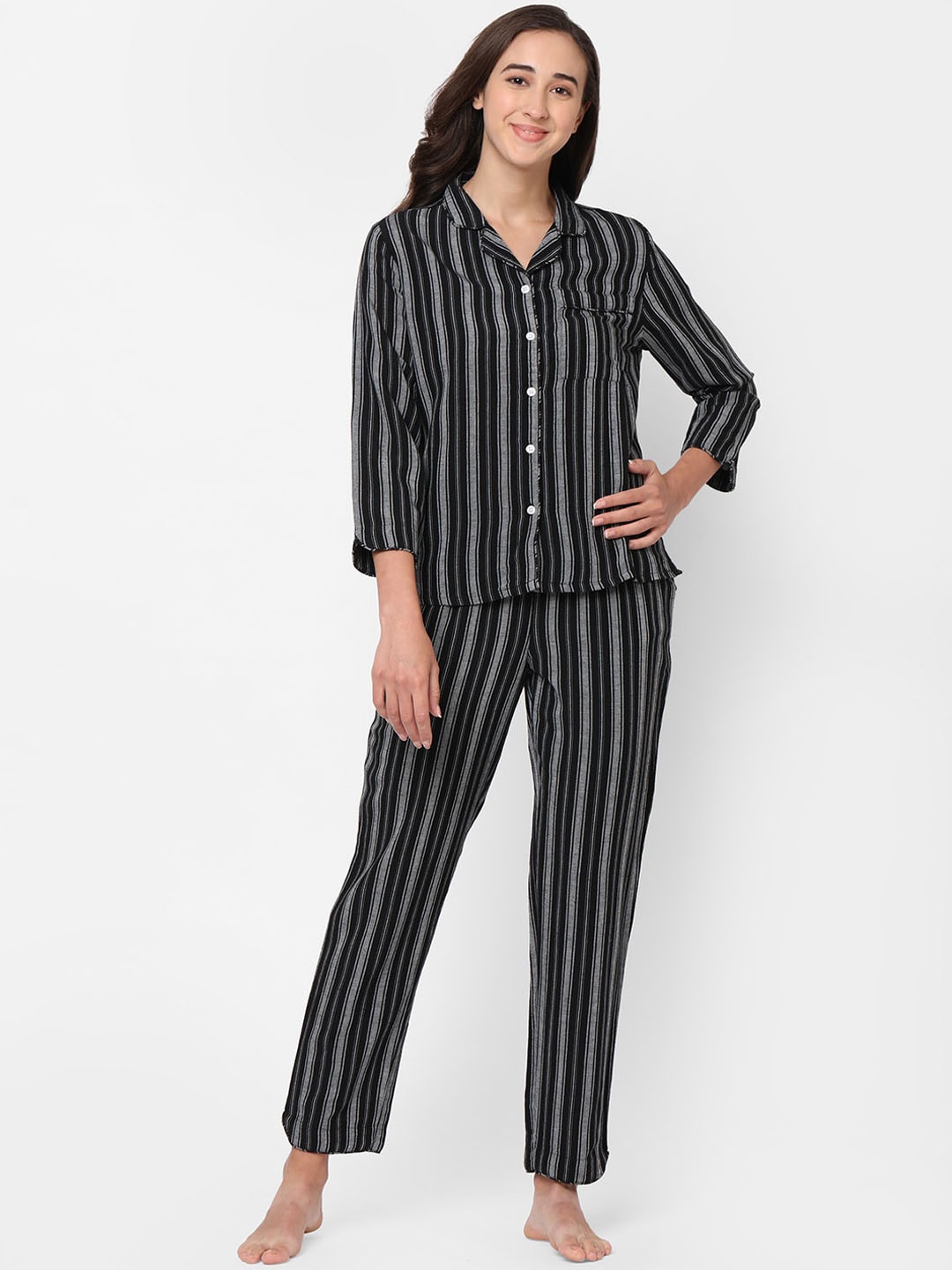 

Mystere Paris Women Black & Grey Striped Pure Cotton Night suit