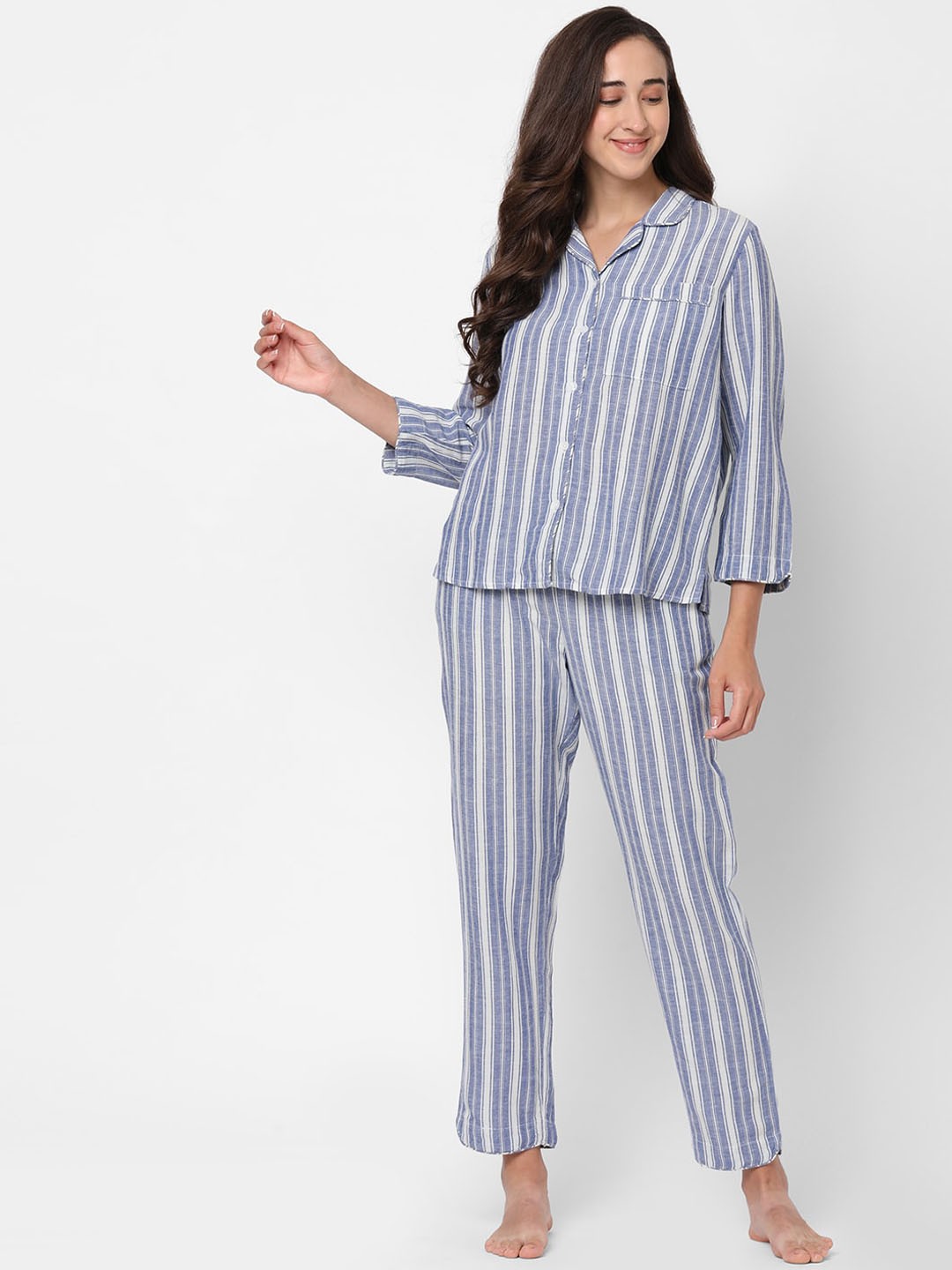 

Mystere Paris Women Blue & White Striped Pure Cotton Night suit