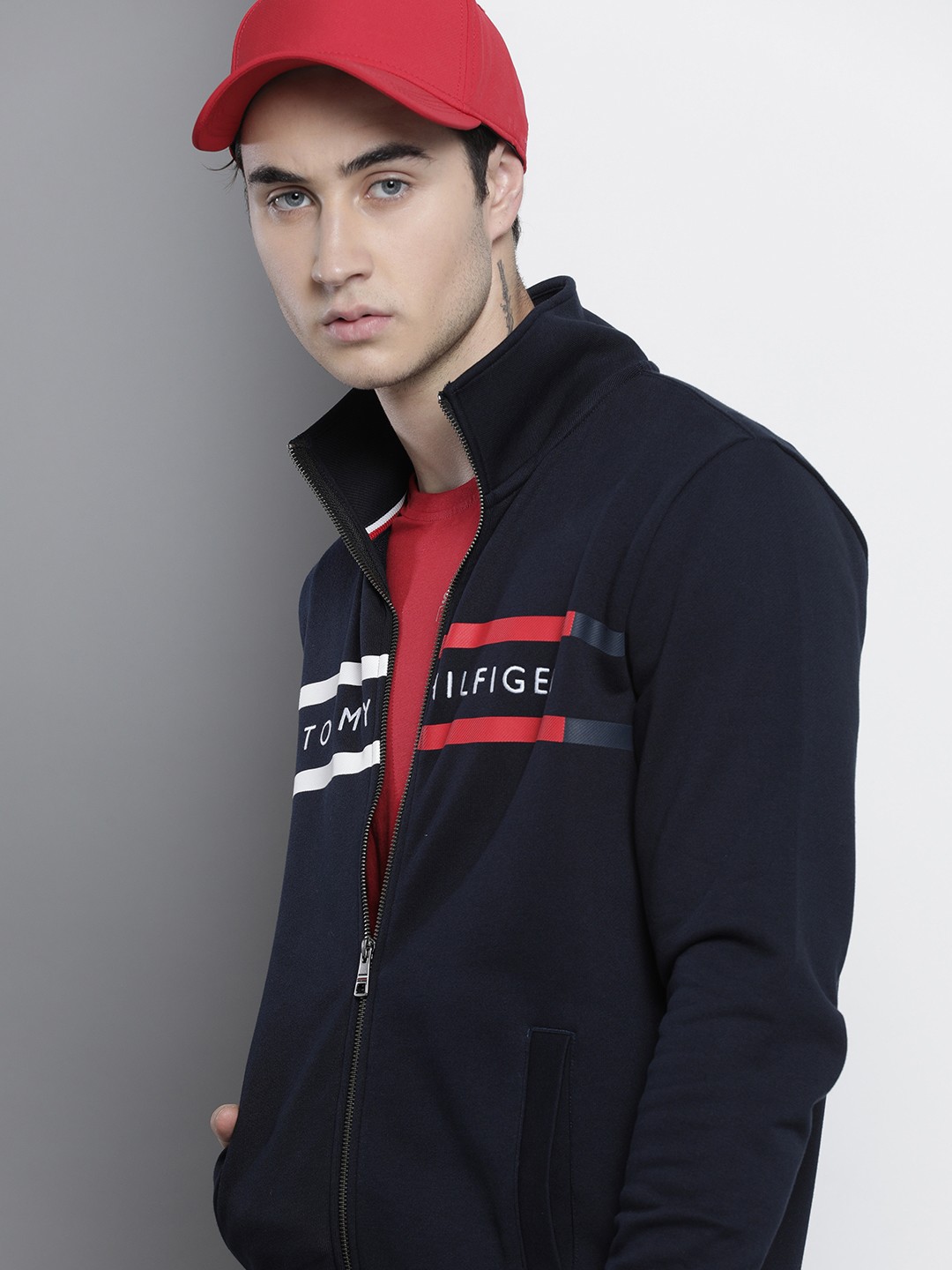 

Tommy Hilfiger Men Navy Blue & Red Striped Organic Cotton Sweatshirt