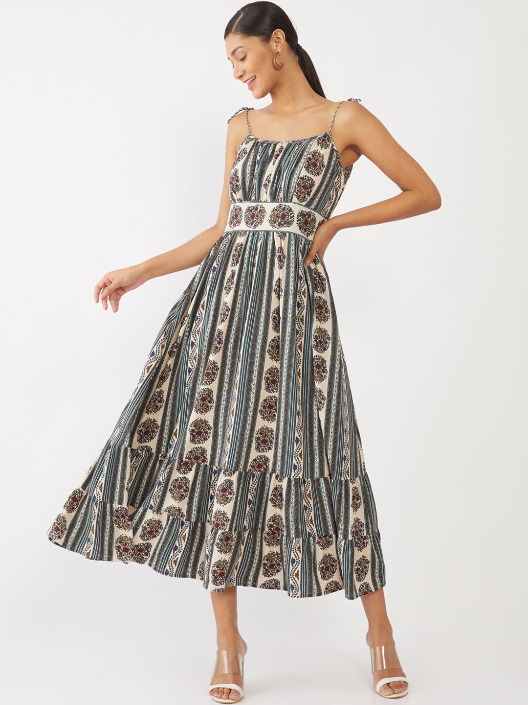 

Zink London Multicolored Ethnic Motifs Printed Midi Fit & Flared Dress, Multi