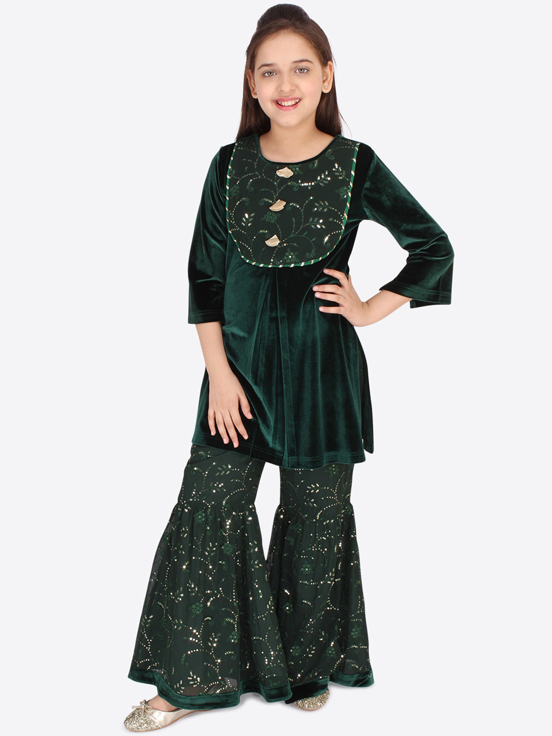 

CUTECUMBER Girls Green Floral Yoke Design Regular Kurti with Sharara