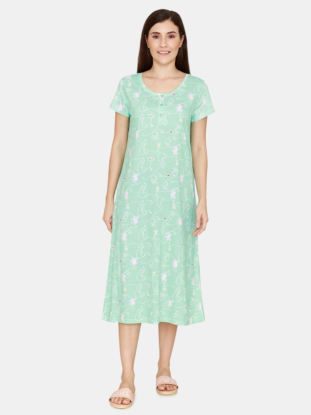 

Zivame Women Green & White Printed Regular Nightdress