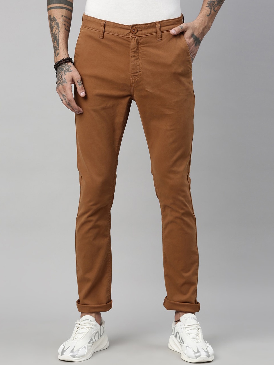 

Breakbounce Men Camel Brown Organic Cotton Slim Fit Chinos Trousers