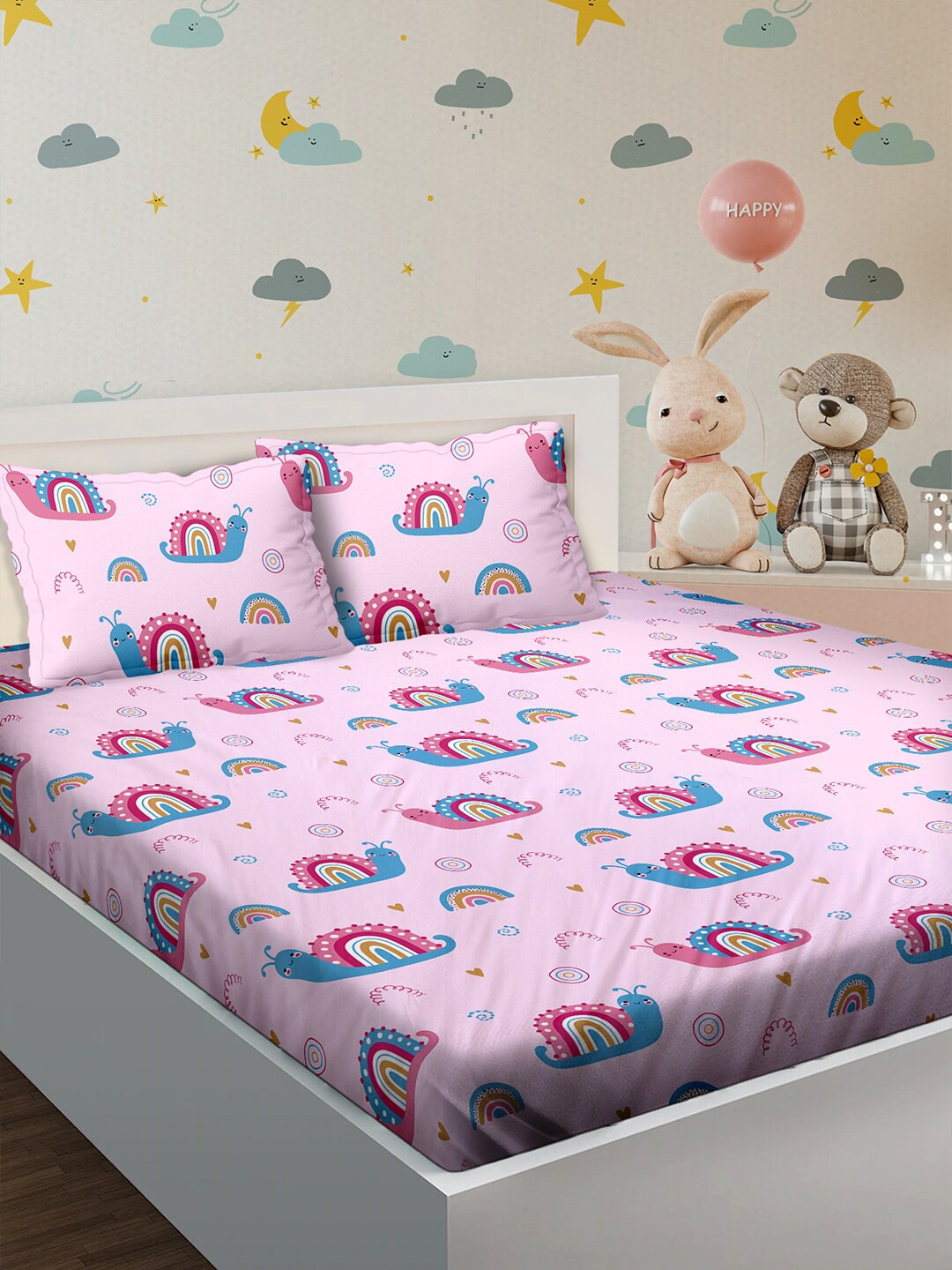 

BELLA CASA Pink & Blue Graphic 180 TC King Bedsheet with 2 Pillow Covers