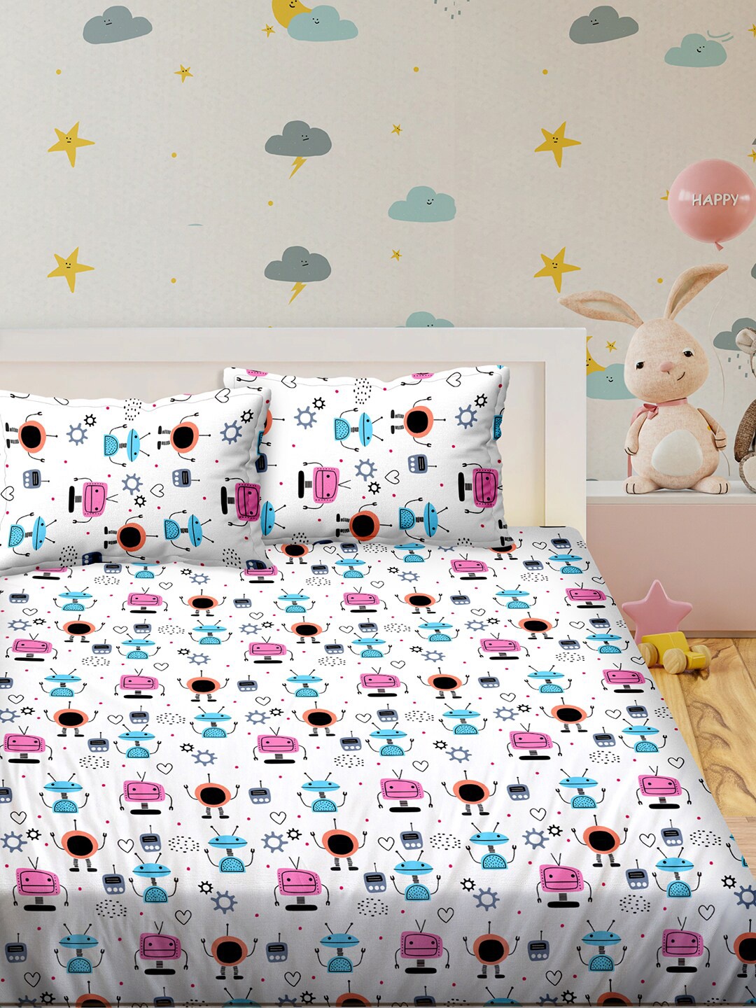 

BELLA CASA Kids Kingdom White & Blue Printed 180 TC King Bedsheet & 2 Pillow Covers