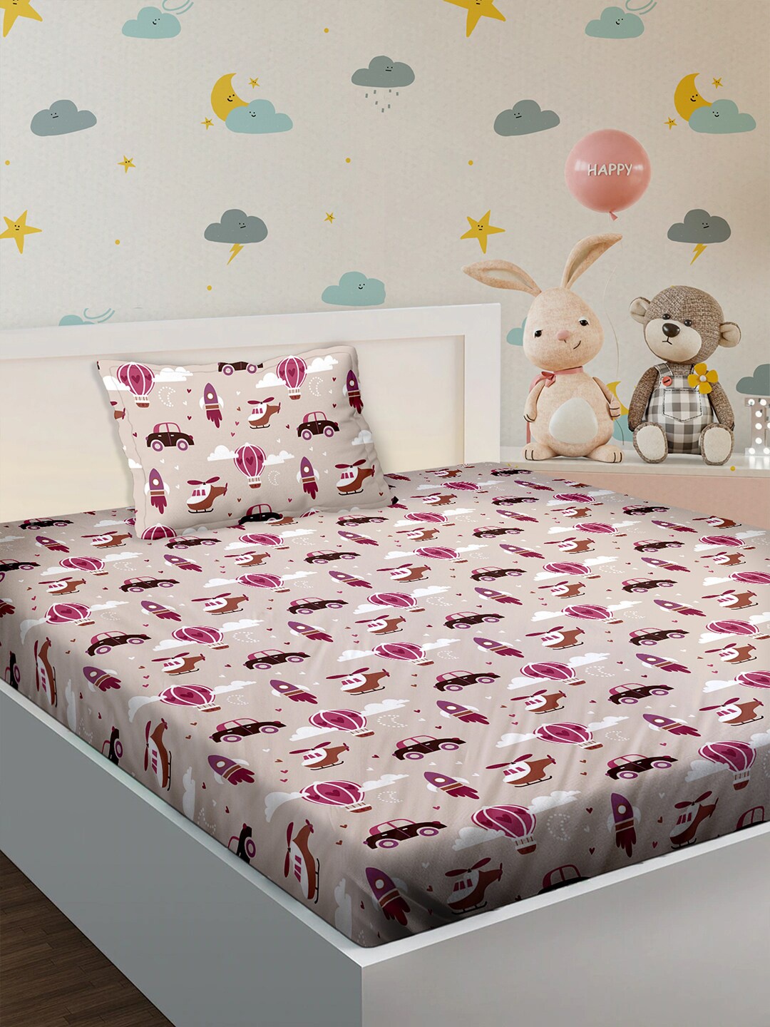 

BELLA CASA Brown & White Graphic 180 TC Single Bedsheet with 1 Pillow Covers