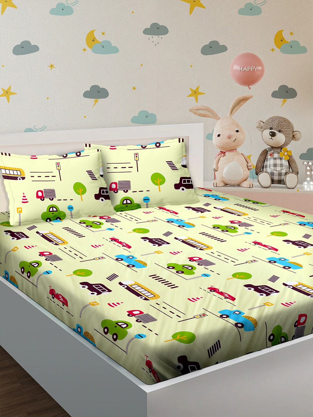 

BELLA CASA Kids Kingdom Green & Blue Printed 180 TC King Bedsheet & 2 Pillow Covers
