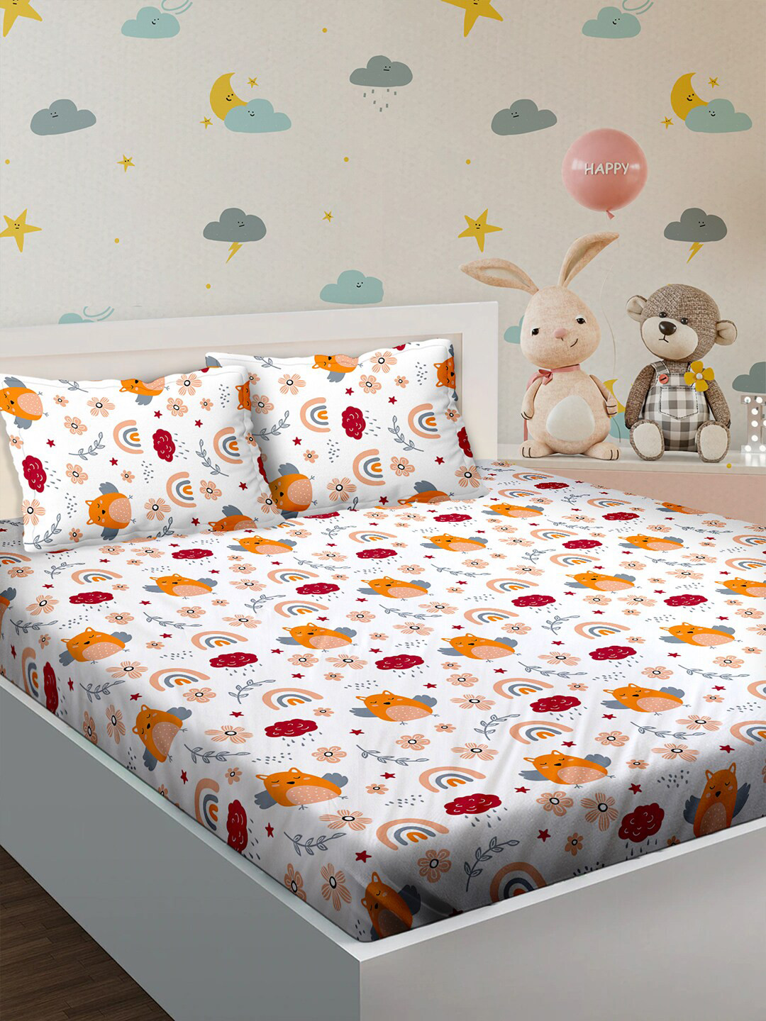 

BELLA CASA Kids Kingdom White & Orange Printed 180 TC King Bedsheet & 2 Pillow Covers