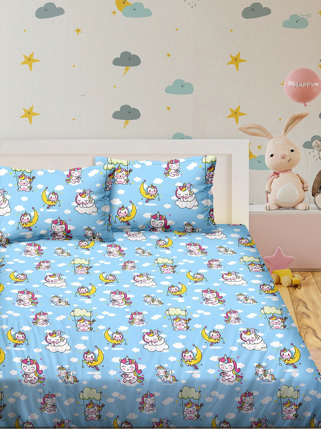 

BELLA CASA Kids Blue 180 TC Cartoon Characters Double Bedsheet with 2 Pillow Covers