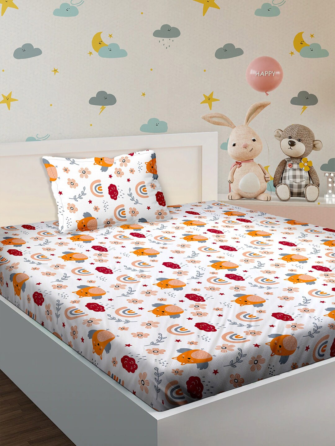 

BELLA CASA White & Yellow Cartoon Characters 180 TC Single Bedsheet with 1 Pillow Covers