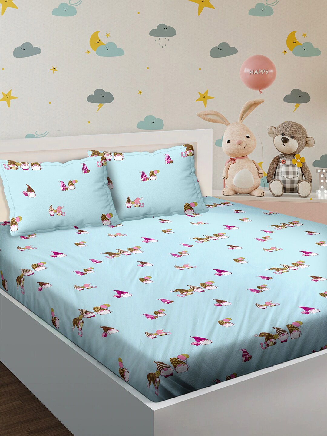 

BELLA CASA Blue & Pink Graphic 180 TC King Bedsheet with 2 Pillow Covers