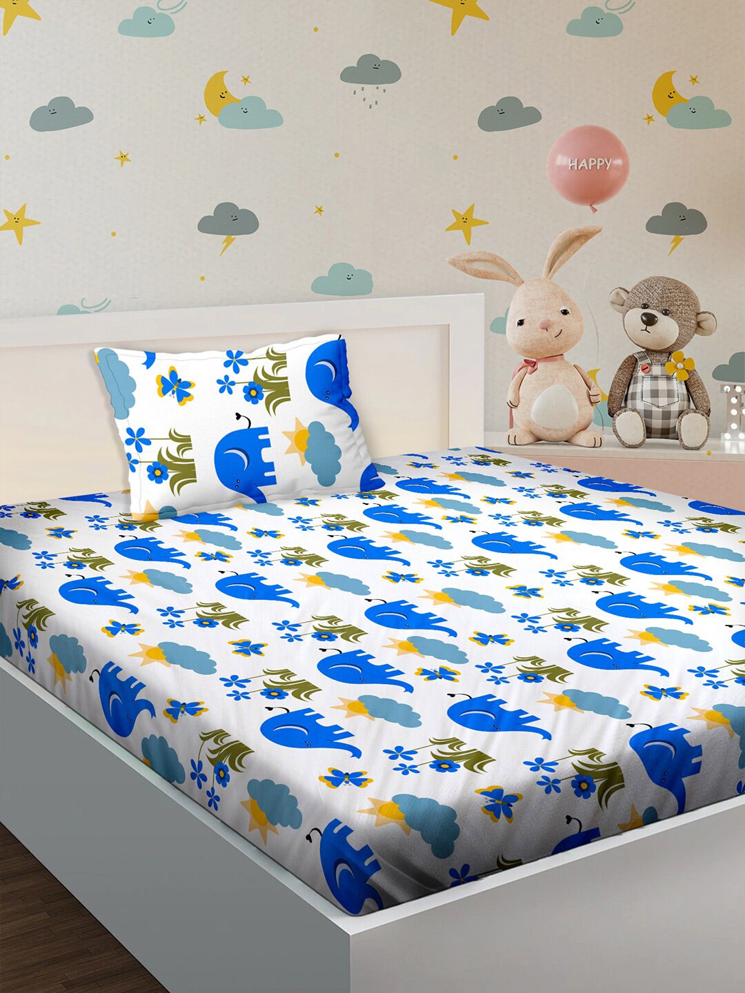 

BELLA CASA Blue & White Graphic 180 TC Single Bedsheet with 1 Pillow Covers