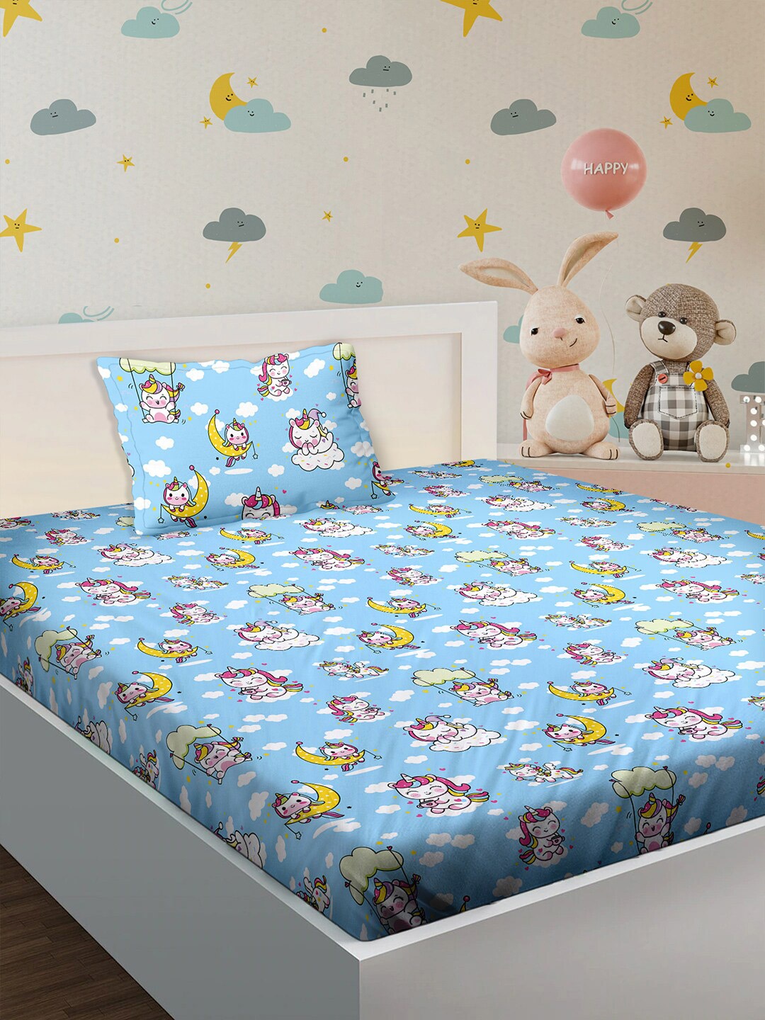 

BELLA CASA Kids Kingdom Blue Printed 180 TC Cotton Single Bedsheet & 1 Pillow Cover