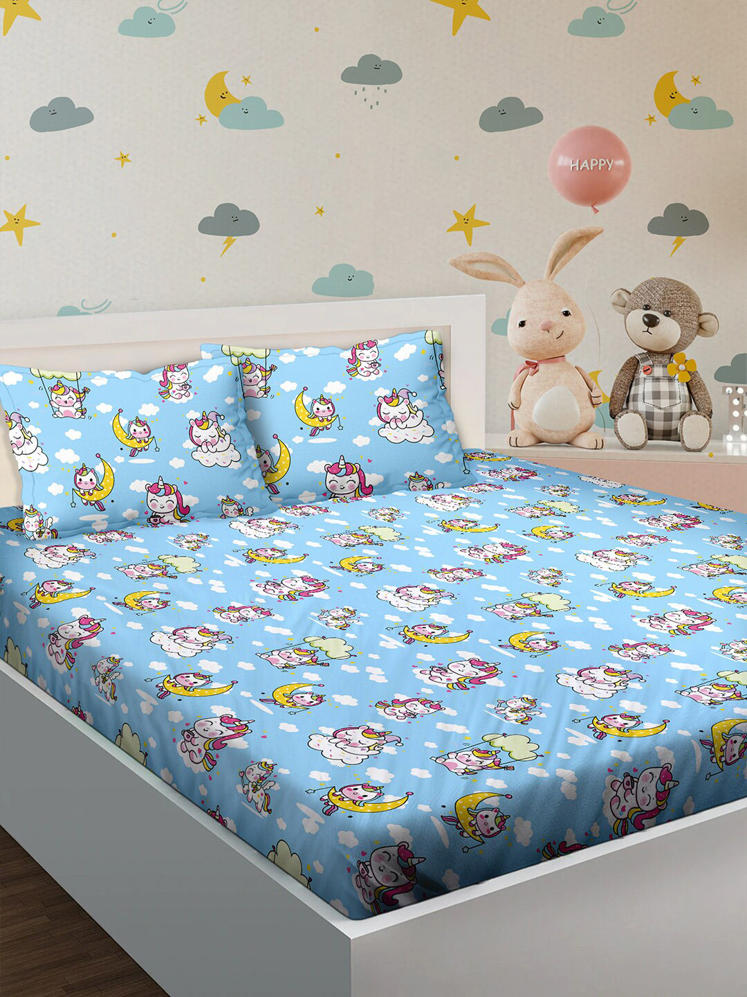 

BELLA CASA Kids Kingdom Blue Graphic Printed 180 TC King Bedsheet & 2 Pillow Covers