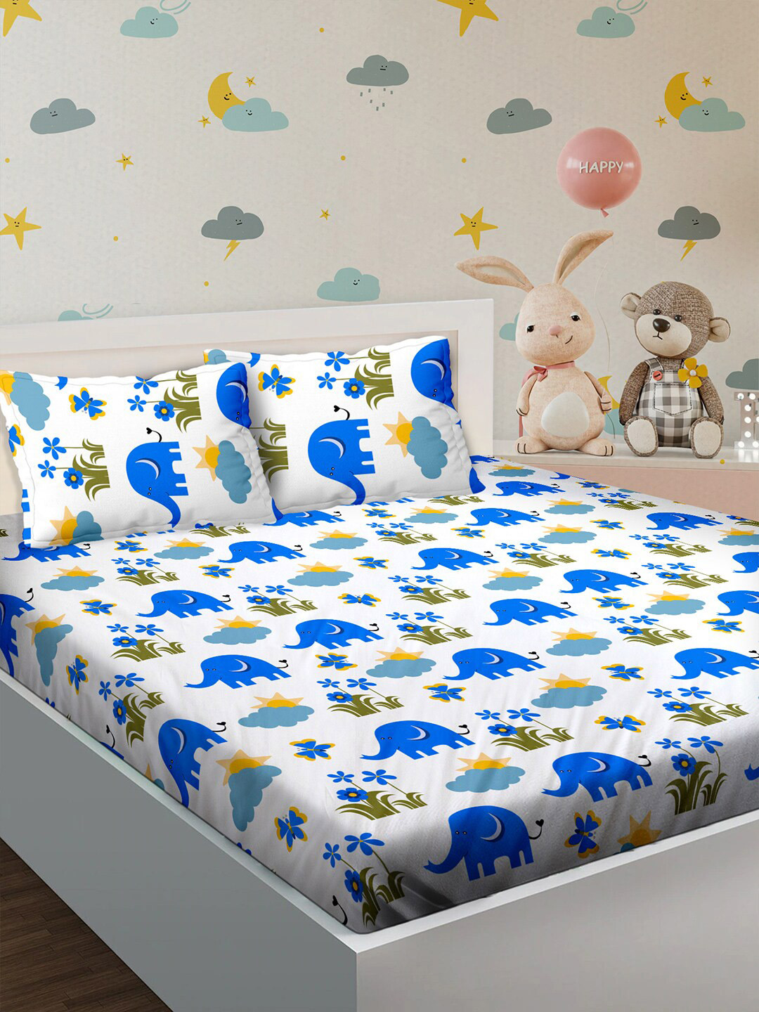

BELLA CASA Blue & White Graphic 80 TC Cotton 1 King Bedsheet with 2 Pillow Covers