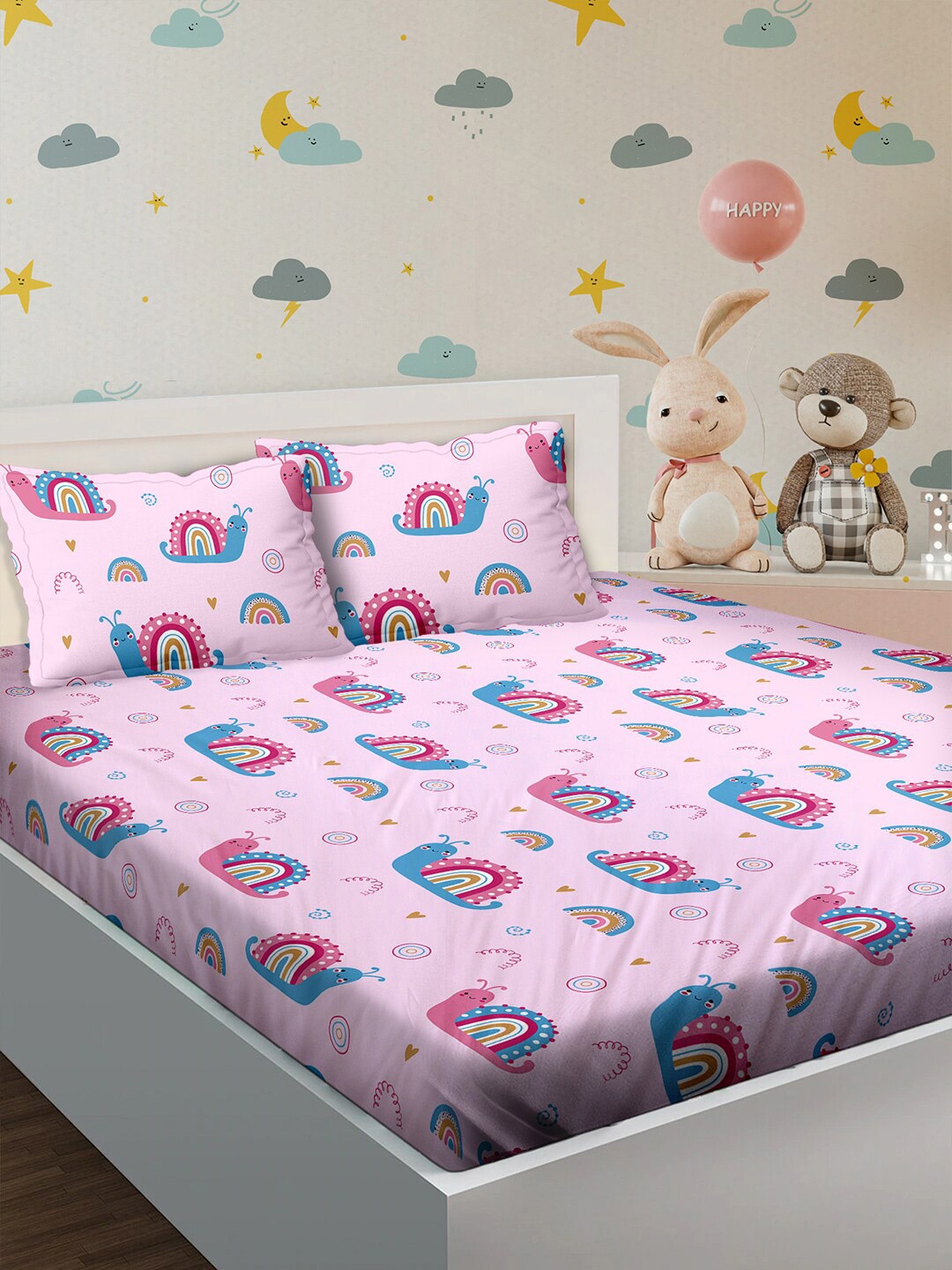 

BELLA CASA Pink & Blue Graphic 180 TC King Bedsheet with 2 Pillow Covers