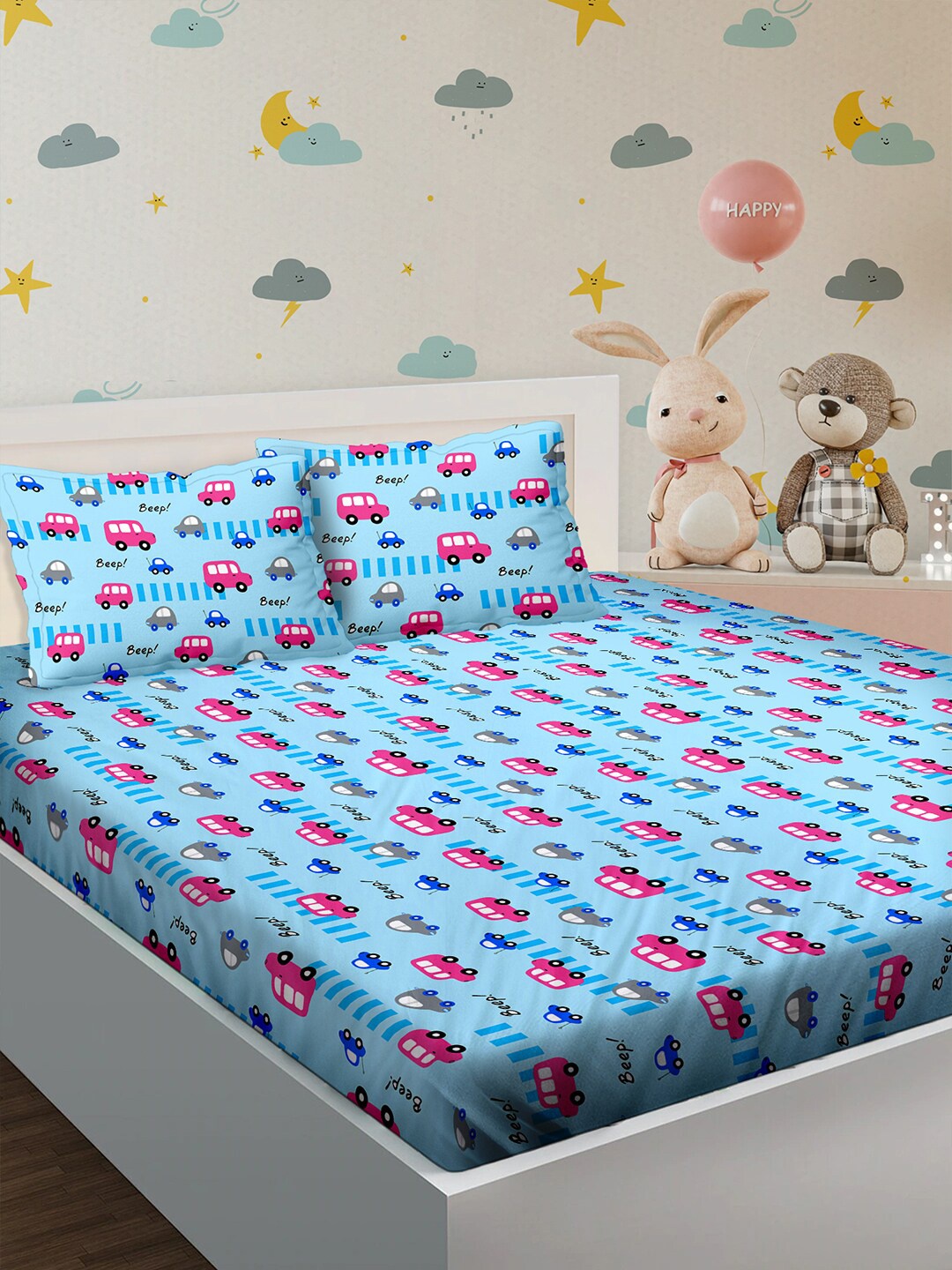 

BELLA CASA Blue Kids Kingdom Graphic 180 TC Cotton King Bedsheet with 2 Pillow Covers