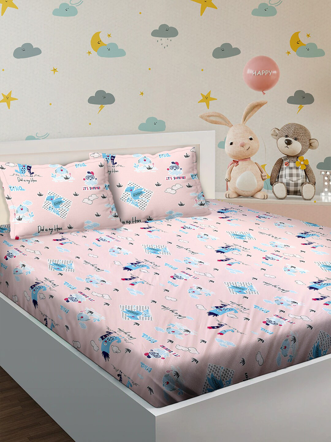 

BELLA CASA Kids Kingdom Pink & White Printed 180 TC King Bedsheet & 2 Pillow Covers