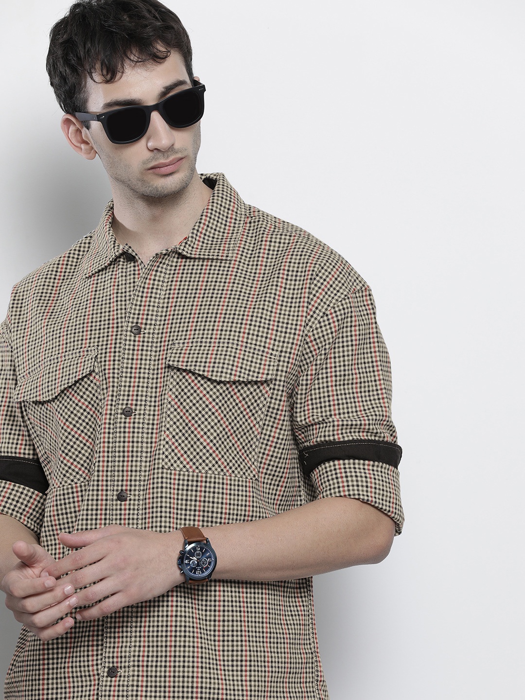 

Tommy Hilfiger Men Beige & Black Overshirt Fit Shepherd Checked Casual Shirt
