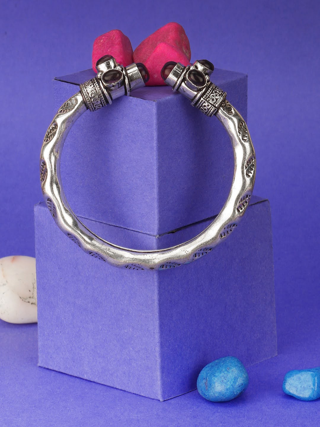 

Adwitiya Collection Silver-Toned & Purple Stones Studded Brass Silver-Plated Kada Bracelet