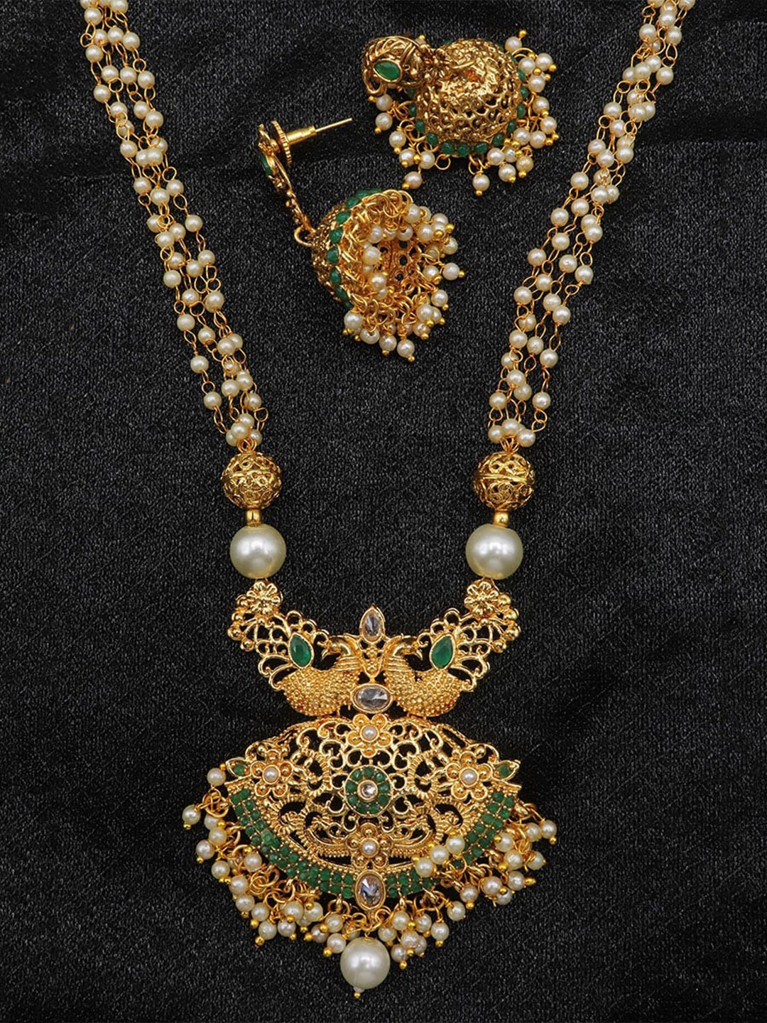 

Mirraw Gold-Plated Green & White CZ-Studded & Beaded Jewellery Set