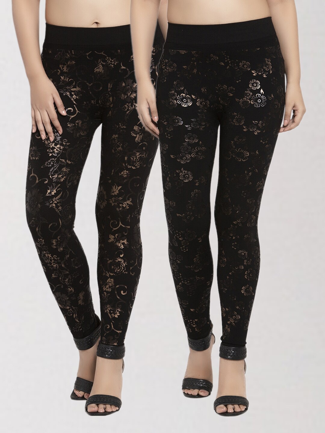 

KLOTTHE Women Pack Of 2 Black & Gold-Toned Printed Skinny Fit Jeggings