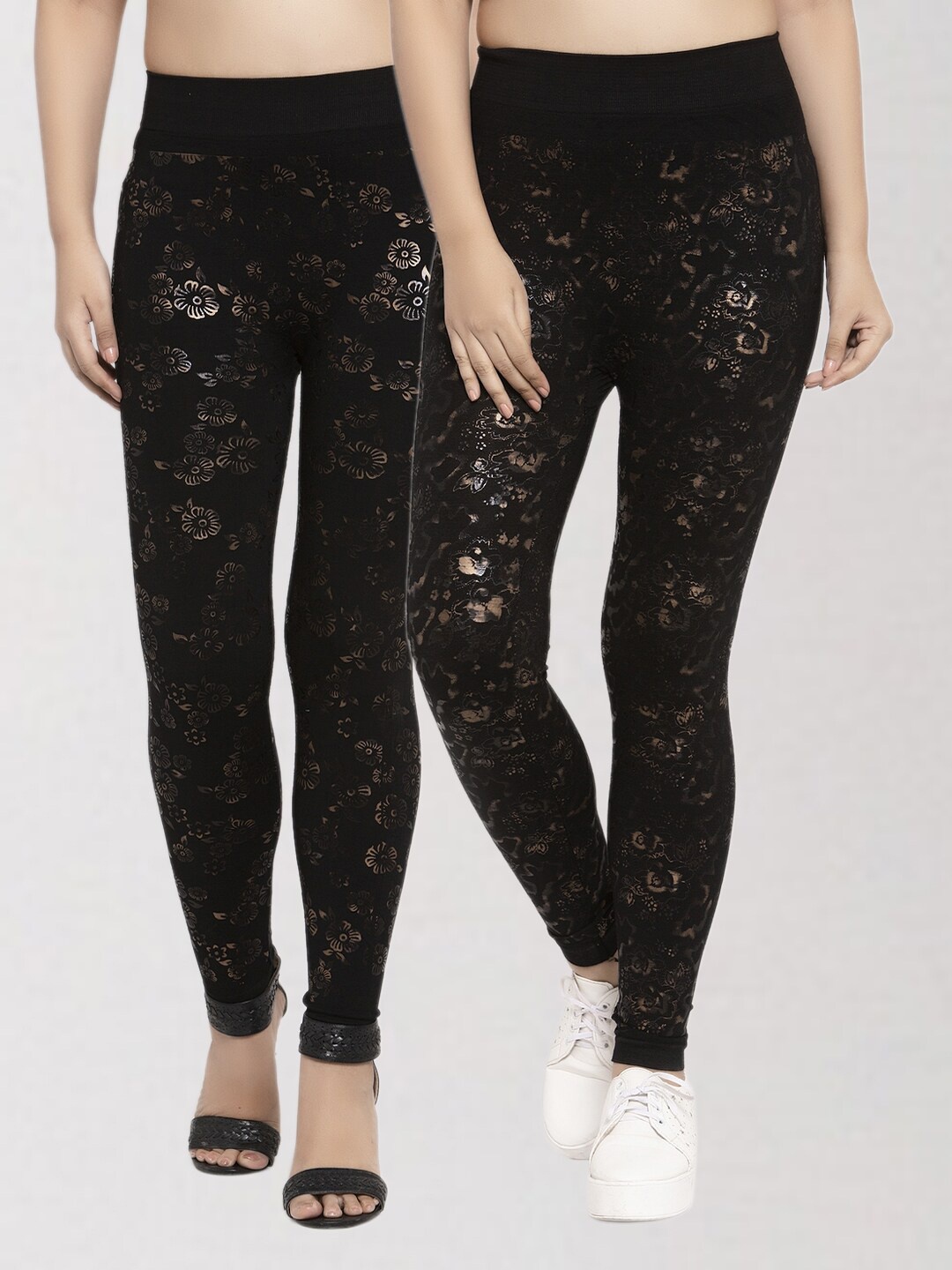 

KLOTTHE Women Pack Of 2 Black & Golden Printed Skinny Fit Jeggings