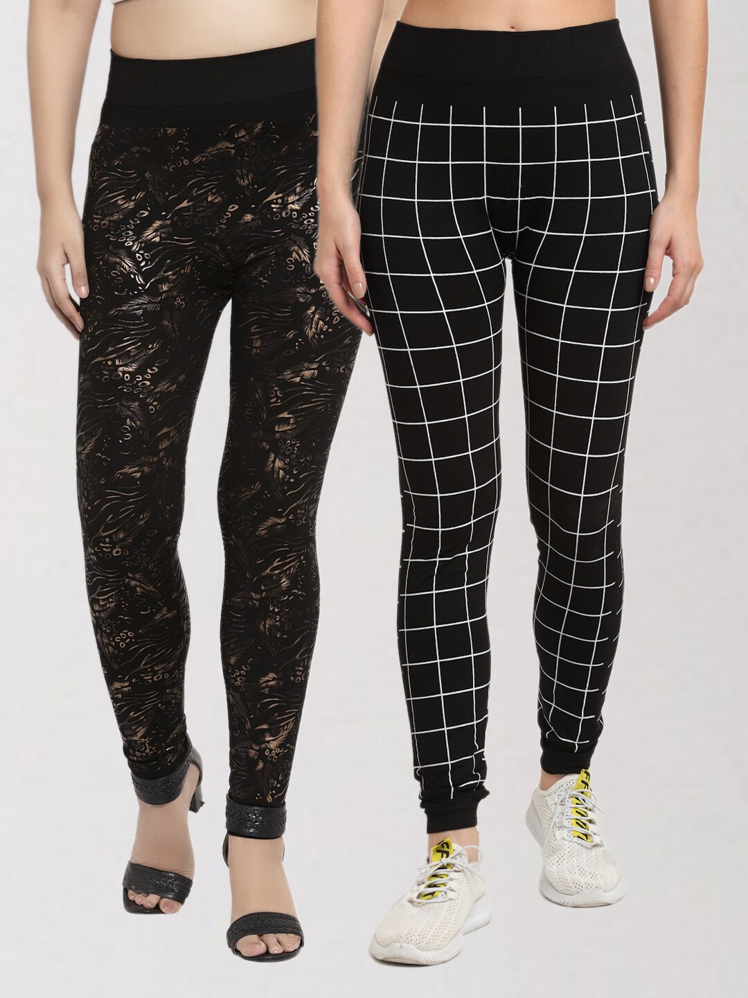 

KLOTTHE Women Pack Of 2 Black & Gold-Toned Printed Skinny Fit Jeggings