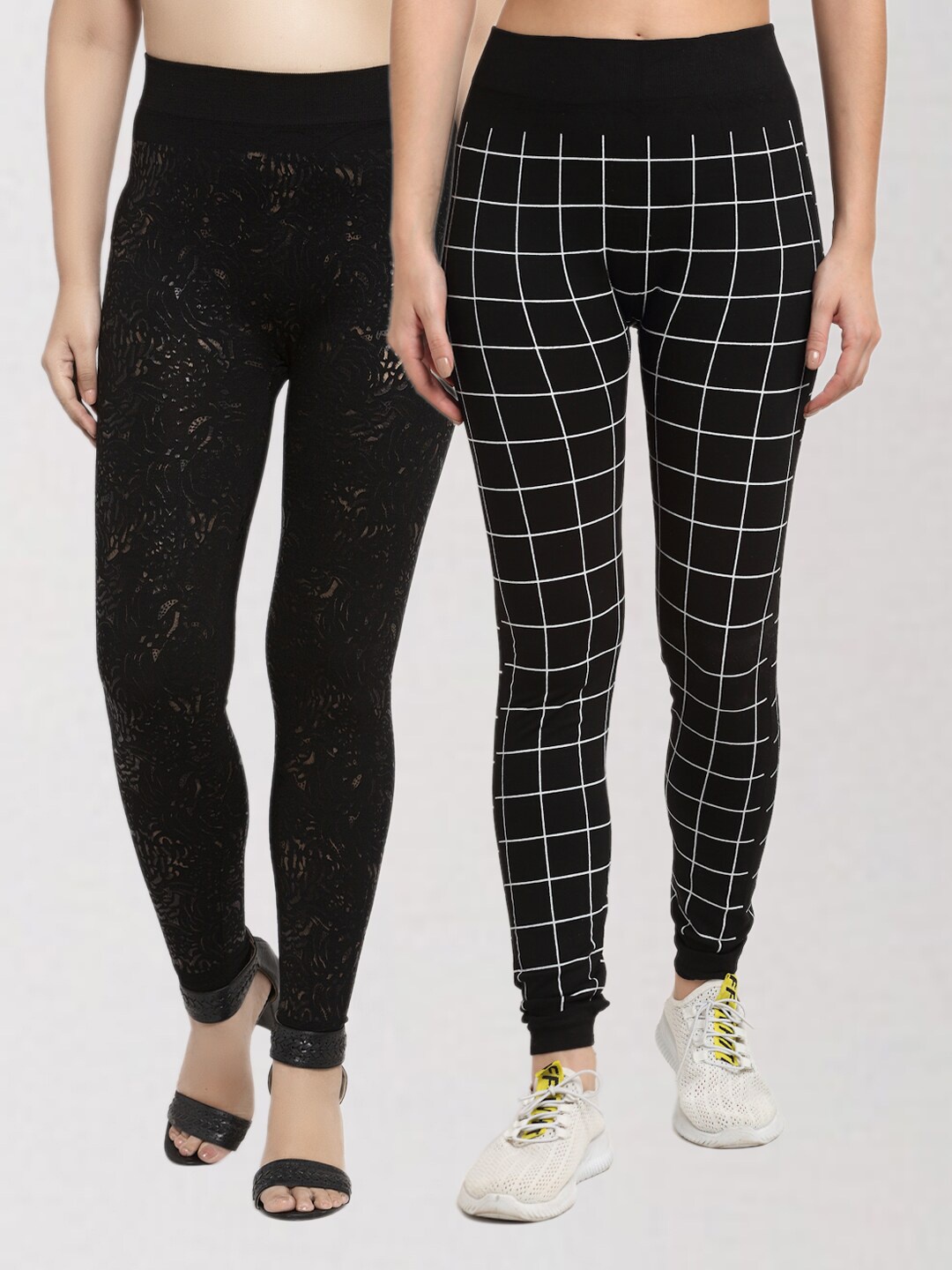 

KLOTTHE Women Pack Of 2 Black & Gold-Toned Printed Skinny Fit Jeggings